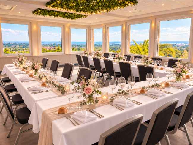 decoration-salle-mariage-cotentin-le-panoramique Salle décorée pour un mariage au restaurant Le Panoramique avec vue panoramique sur le Cotentin