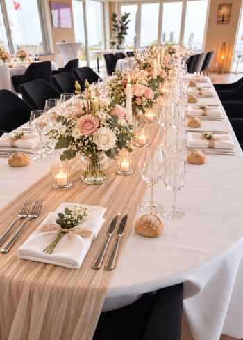 table-mariage-decoration-restaurant-cotentin-le-panoramique Table de mariage élégamment dressée au restaurant Le Panoramique dans le Cotentin